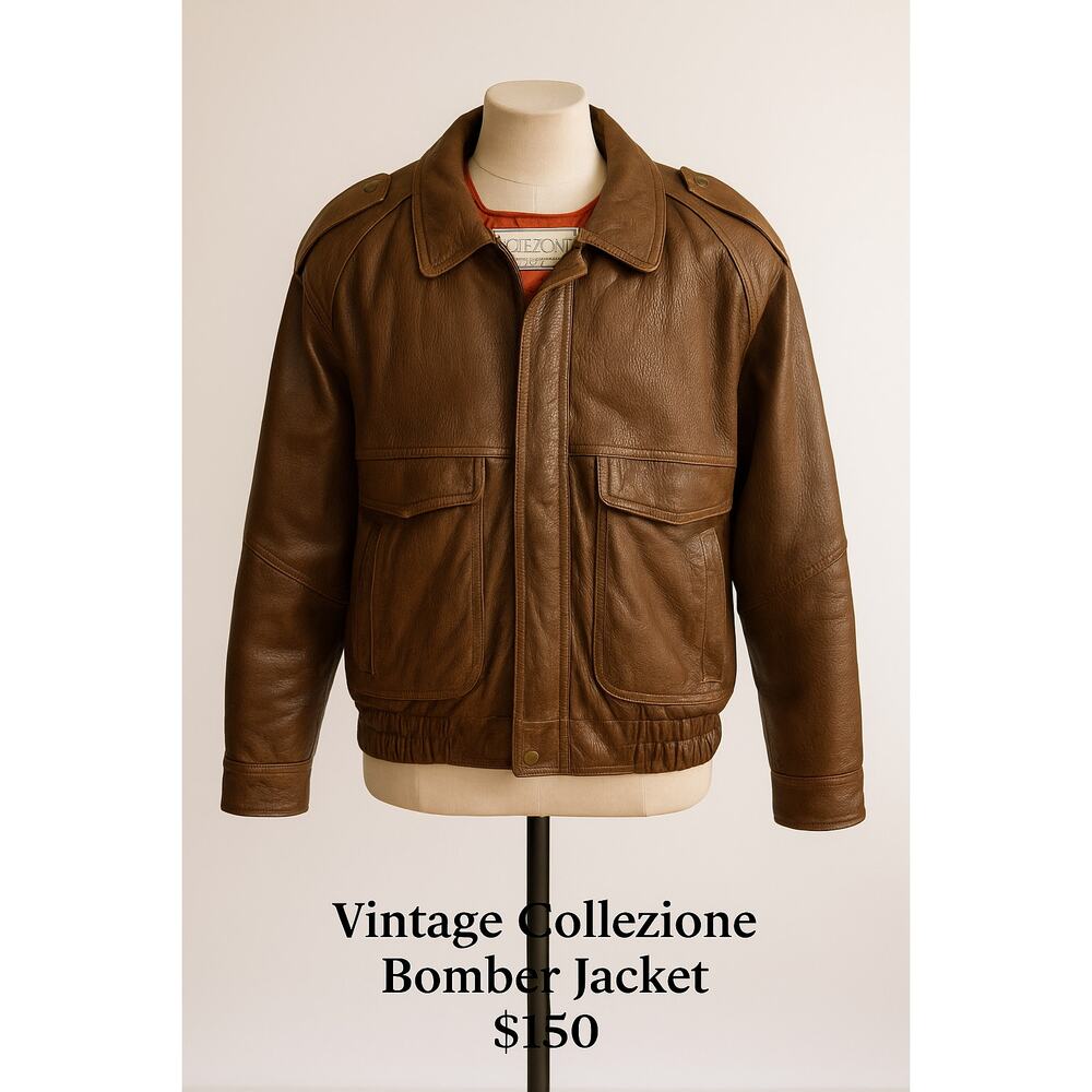 Vintage Men's Italian Collezioni Brown Leather Bomber Jacket Size 44 Fully Lined